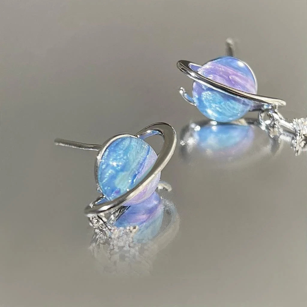 Sweet Cool Colorful Saturn Star Stud Earrings Copper Micro Pave Zircon Fashion Jewelry