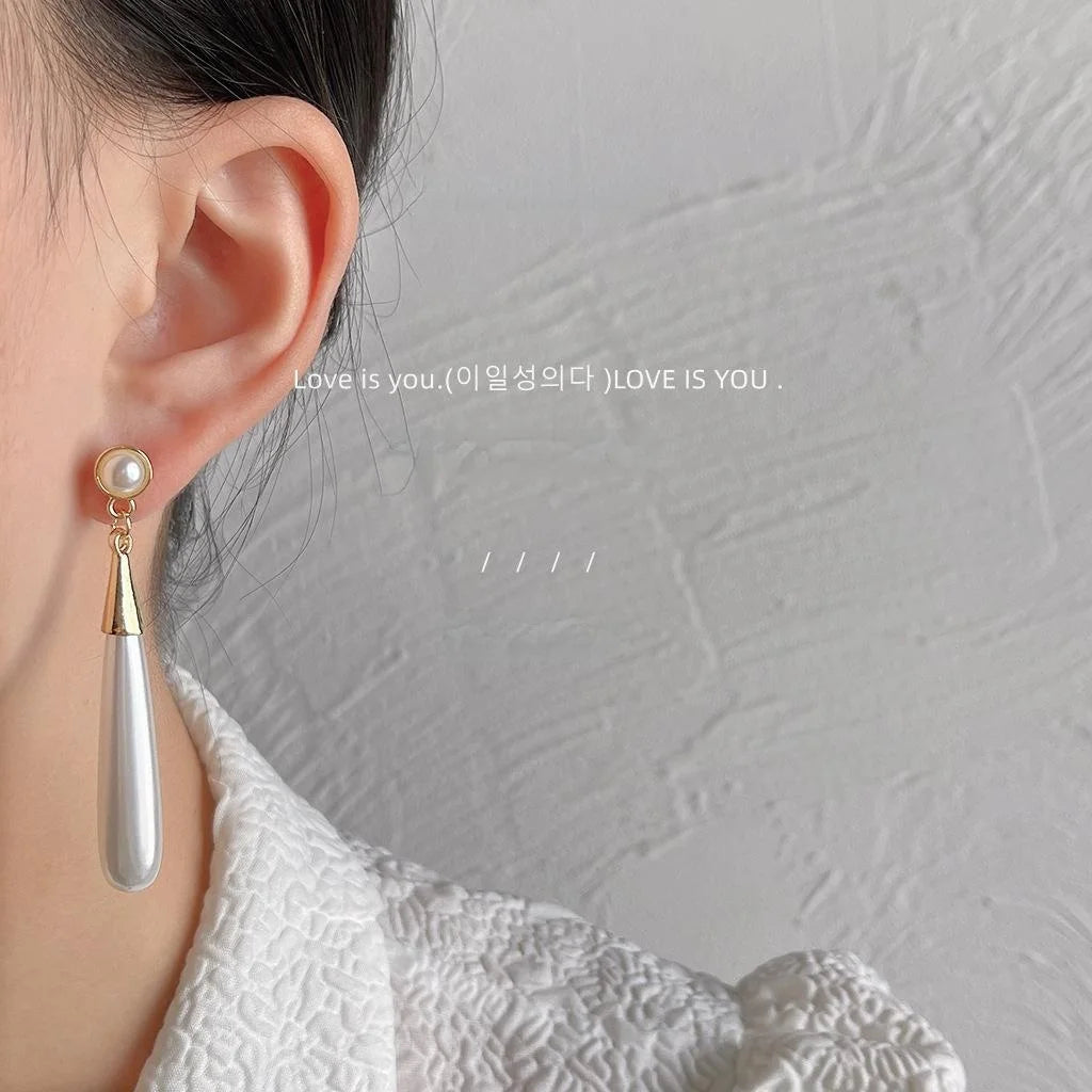 French Court Style Teardrop Pearl Tassel Stud Earrings Vintage Alloy Long Dangle Jewelry