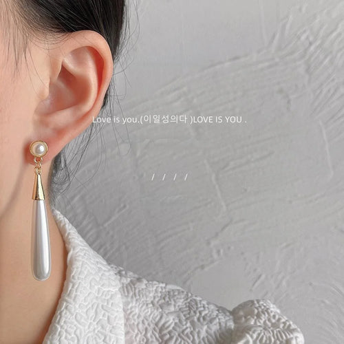 French Court Style Teardrop Pearl Tassel Stud Earrings Vintage Alloy Long Dangle Jewelry