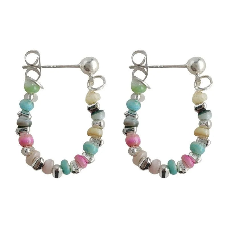 Dopamine Colorful Rice Bead Hoop Stud Earrings Sweet Handmade Copper Jewelry