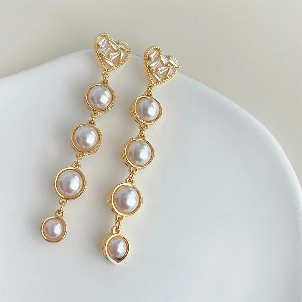 18K Gold Plated Copper Heart Tassel Drop Earrings With Glass Pearl Business Style