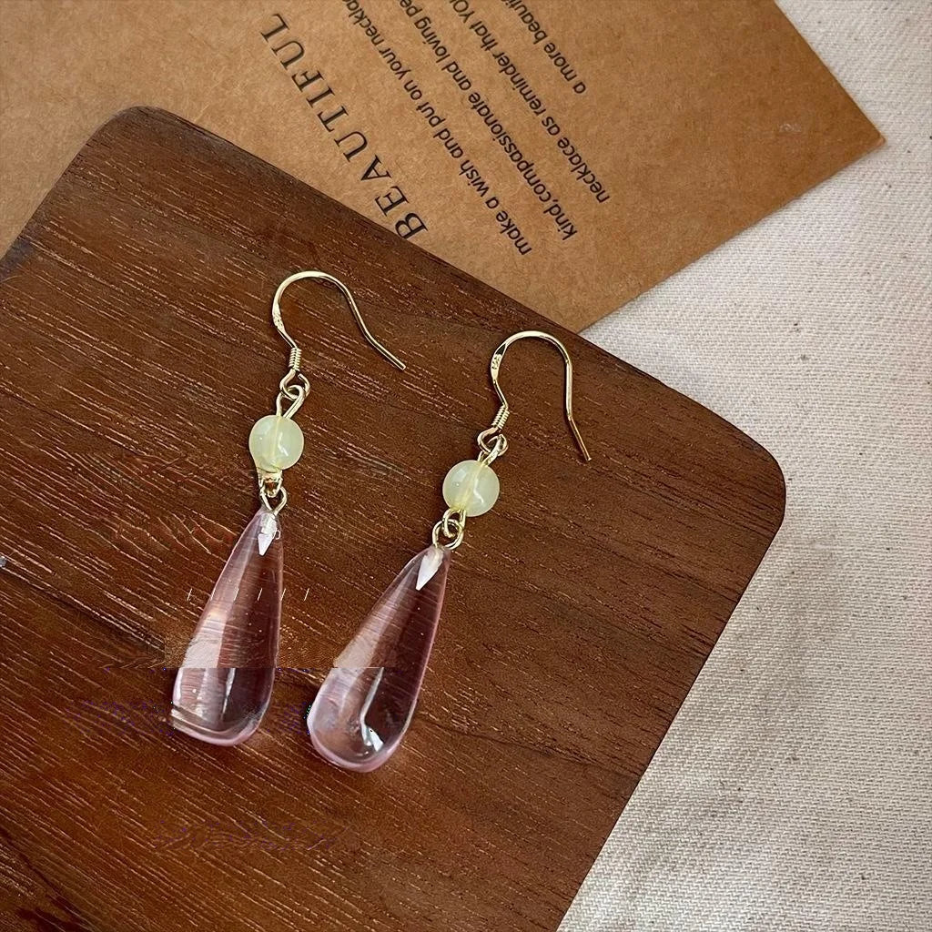 Handmade Vintage Court Style Silver Plated Copper Pink Transparent Teardrop Drop Earrings