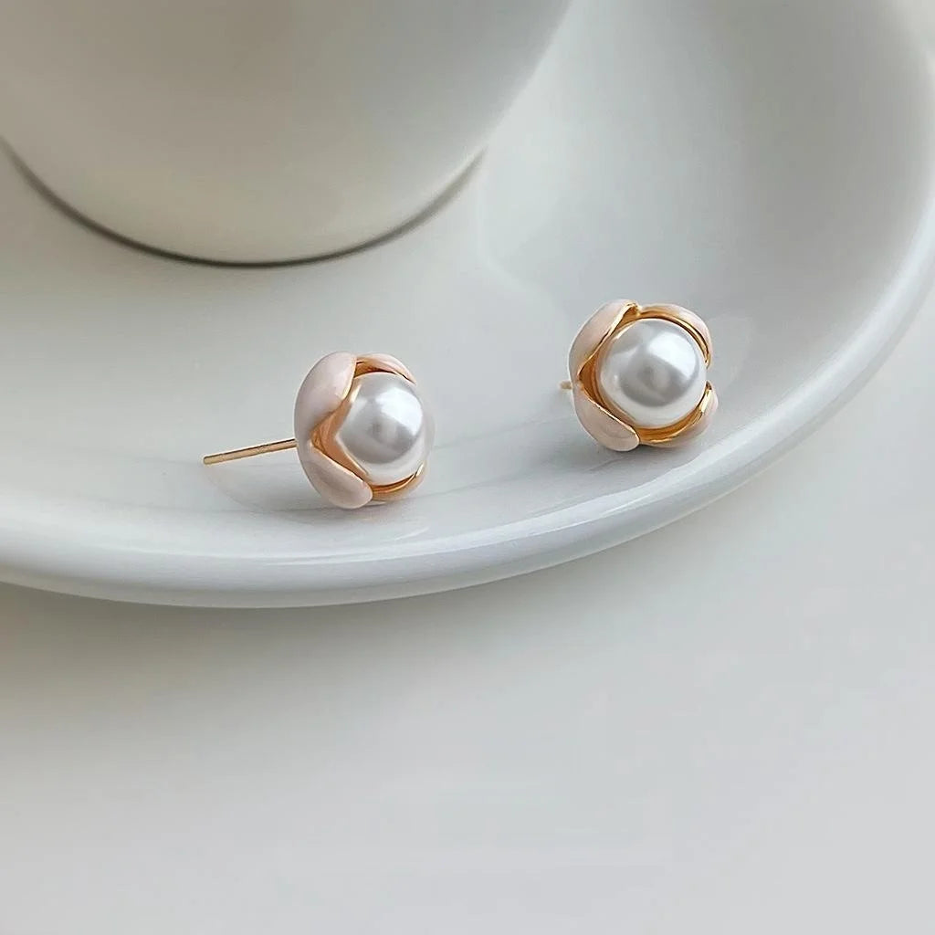 Pastoral Style Enamel Flower Petal Pearl Stud Earrings Copper Base