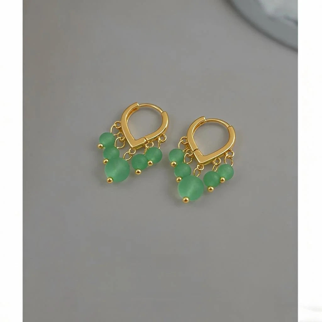 New Chinese Style Aventurine Jade Beaded Heart Tassel Drop Earrings Handmade Elegant Jewelry