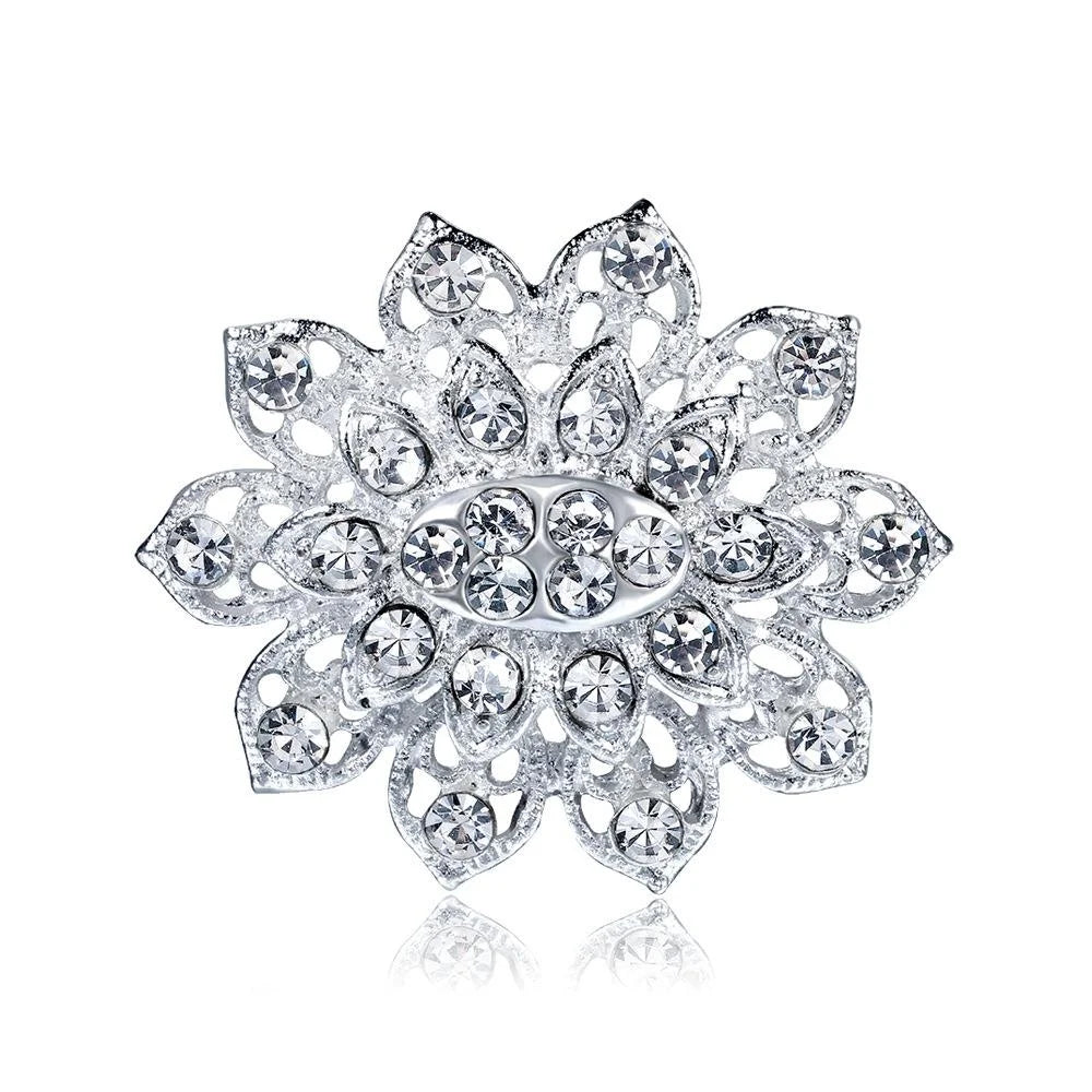 Elegant Silver Plated Rhinestone Flower Brooch, Korean Style Small Lapel Pin Corsage Suit Accessory Gift