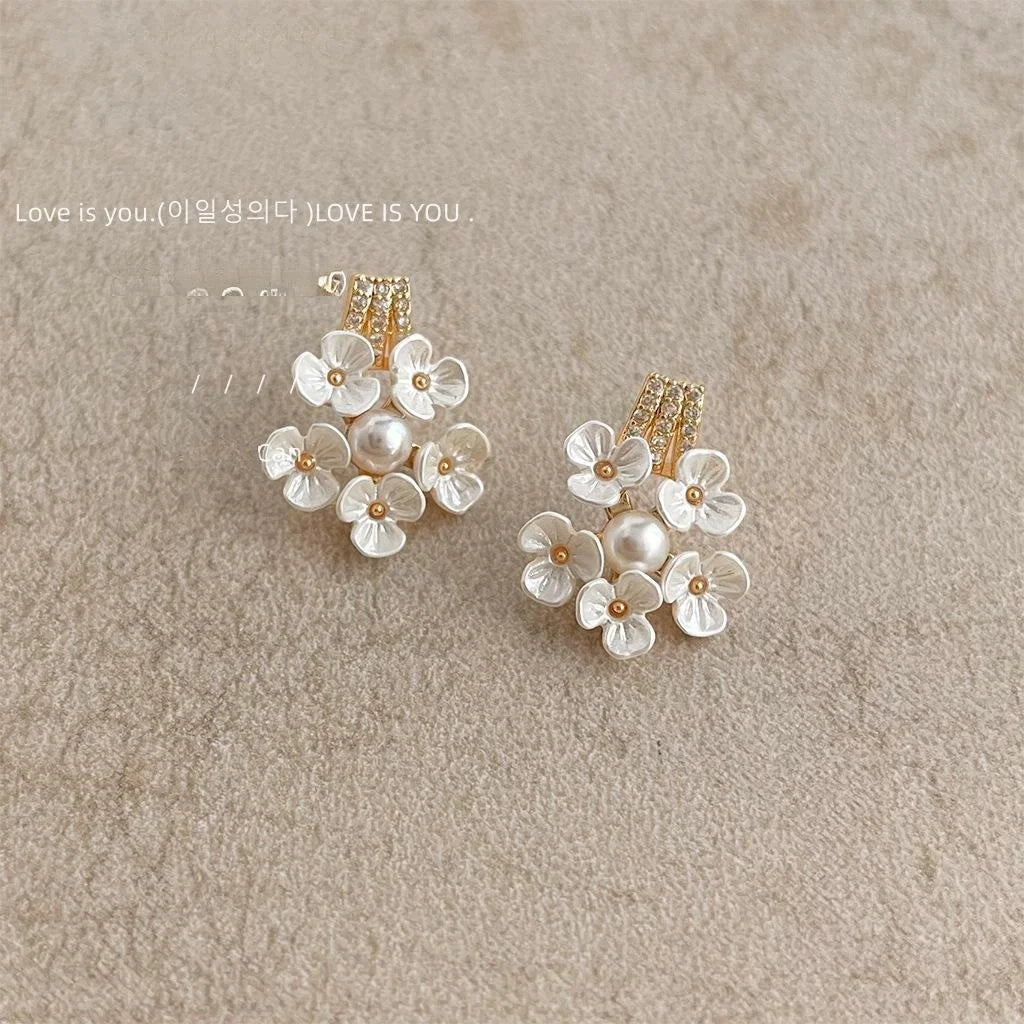 14K Gold Plated Copper Pearl Zircon Peach Blossom Stud Earrings Sweet Elegant Floral Jewelry