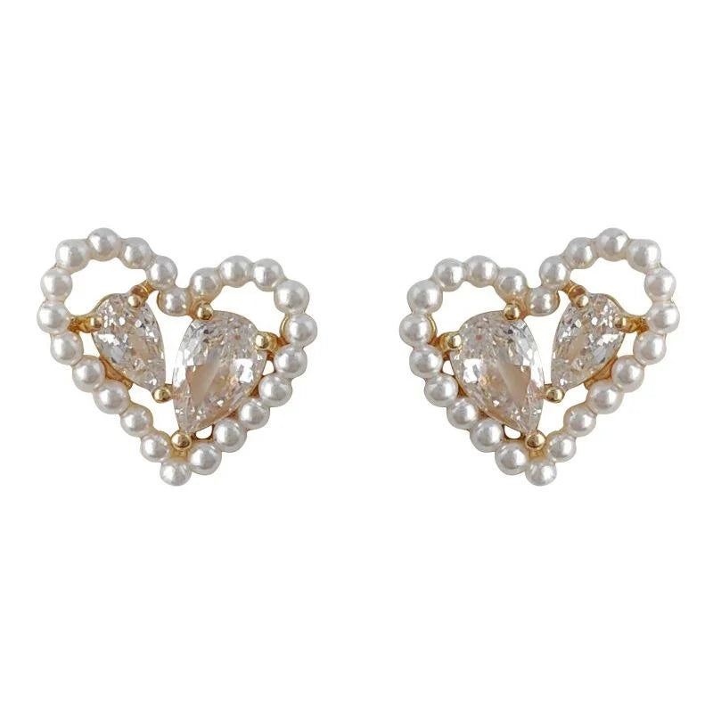 French Minimalist Heart Teardrop Zircon Stud Earrings Sweet Korean Style Copper