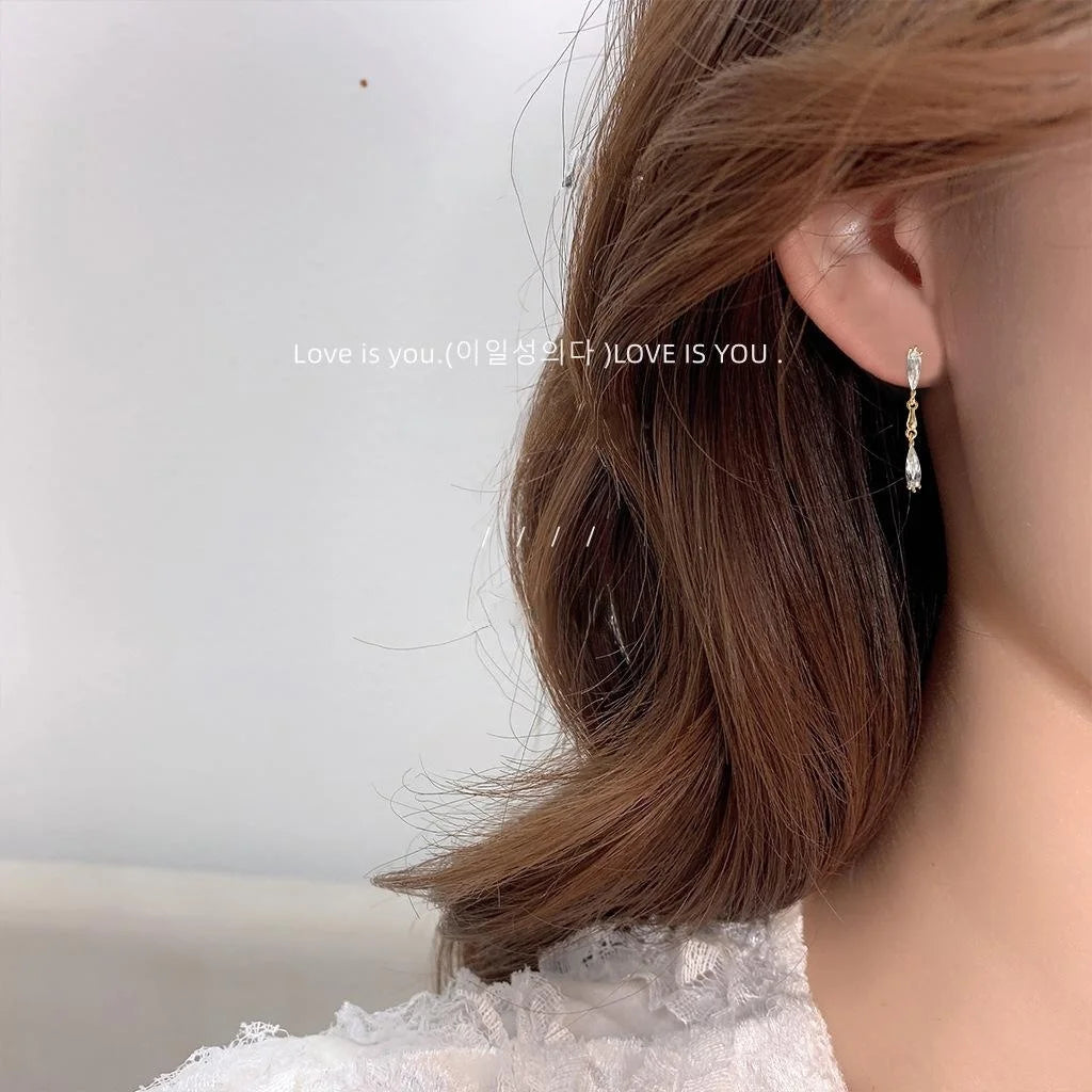 14K Plated Copper Zircon Waterdrop Tassel Stud Earrings Sweet Geometric Line Jewelry