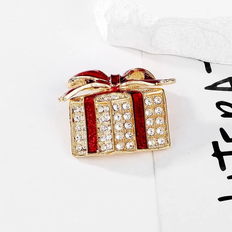 Luxury Christmas Gift Box Brooch With Red Enamel Bow And Rhinestones, Elegant Lapel Pin Corsage Gift