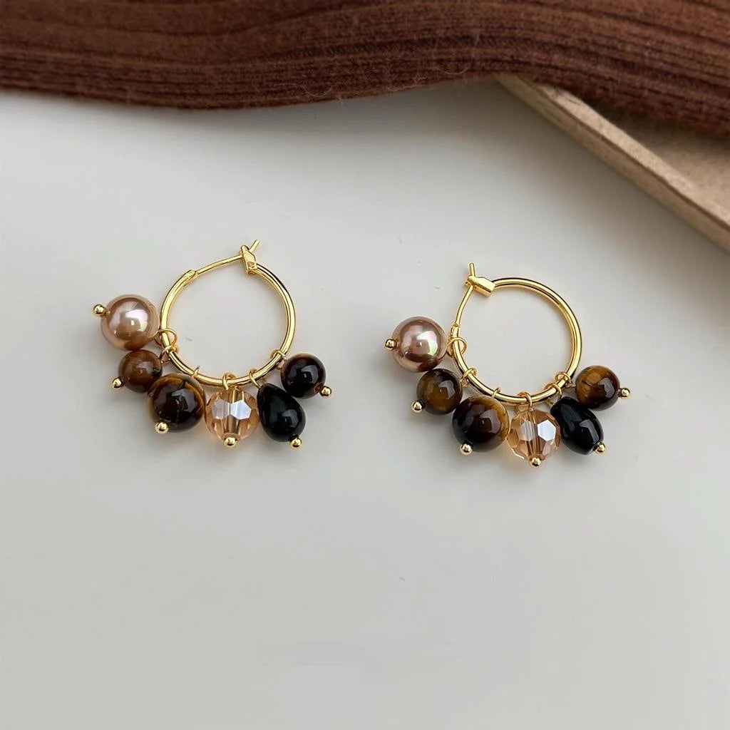 Handmade Vintage Geometric Copper Hoop Earrings With Tiger Eye Stone Glass Pearl Crystal Black Agate