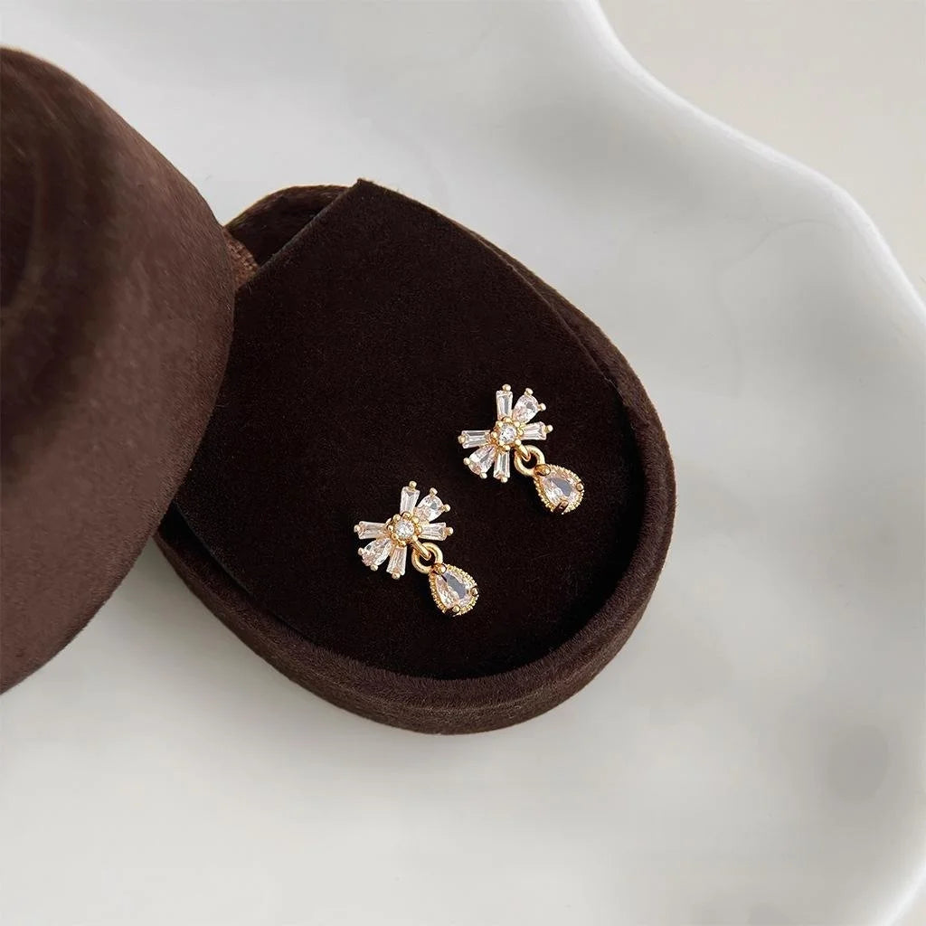 14K Gold Plated Copper Micro Pave Zircon Bowknot Water Drop Stud Earrings For Women