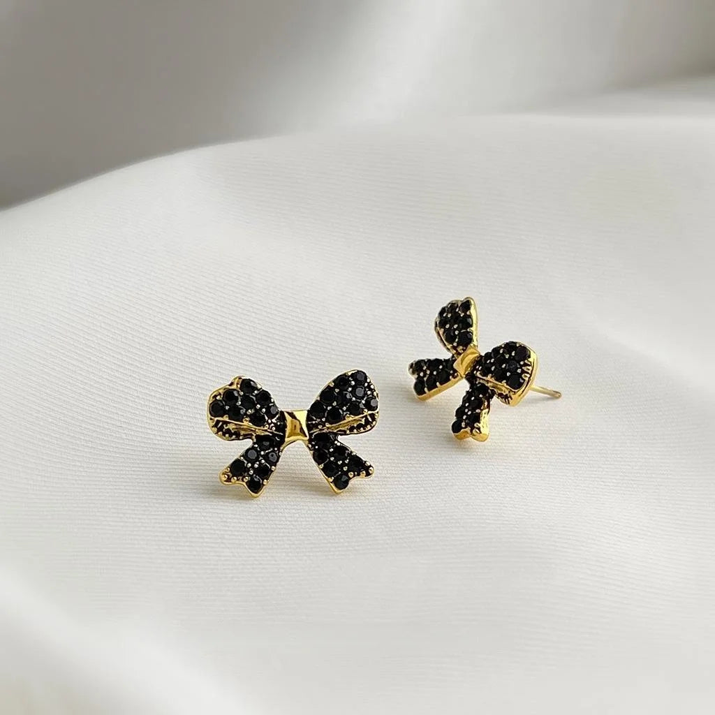 Light Luxury Alloy Rhinestone Bow Stud Earrings With Silver-Plated Pins For Women