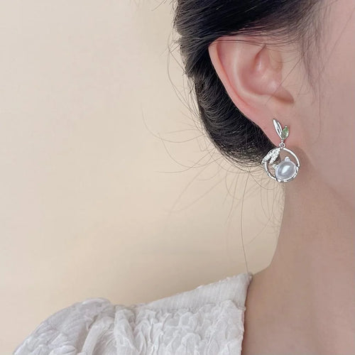 New Chinese Style Panda Bamboo Leaf Drop Earrings Copper Zircon Pearl Hollow Animal Jewelry