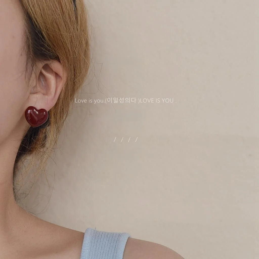 14K Plated Alloy Heart Stud Earrings Burgundy Enamel Milky White Korean Japanese Style