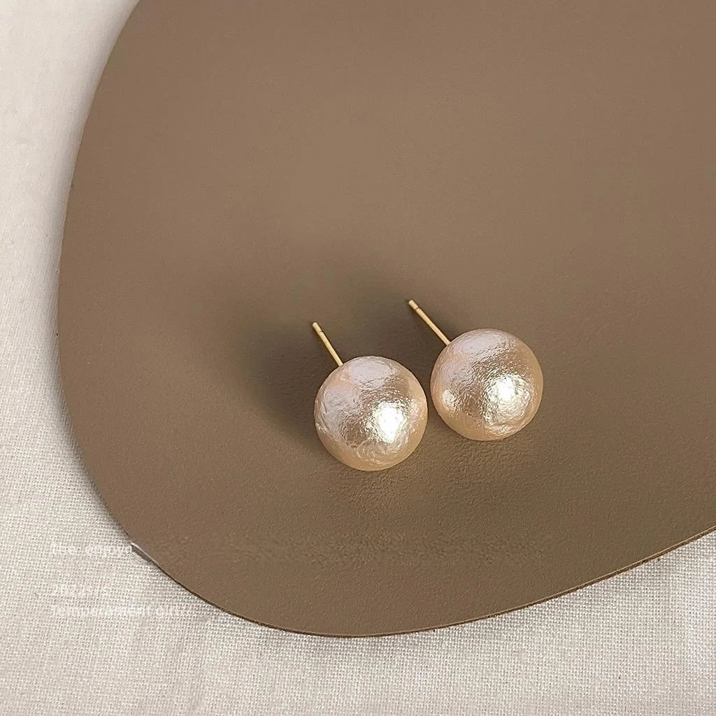 Round Cotton Pearl Silver Plated Pin Stud Earrings, Elegant Minimalist Fashion Jewelry
