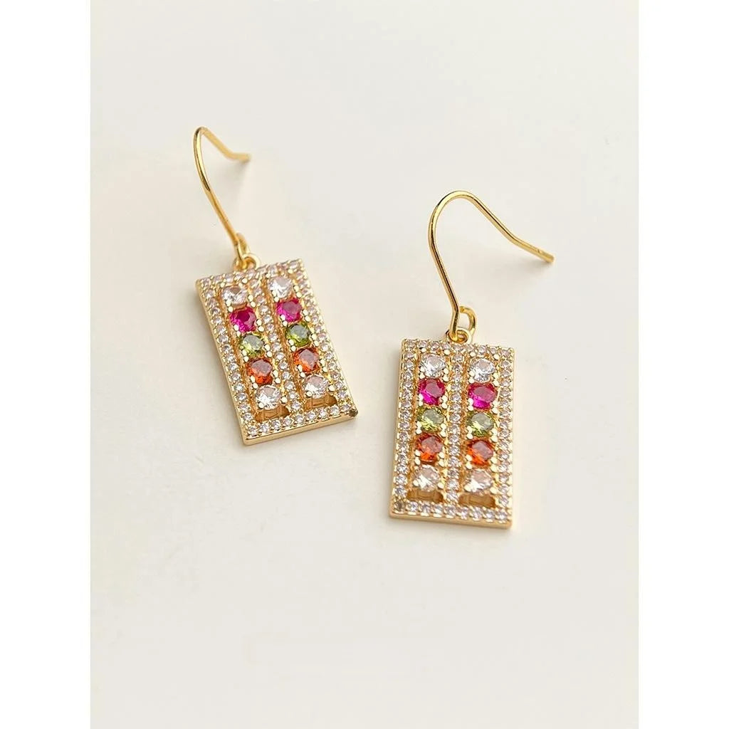 Light Luxury Geometric Micro Pave Zircon Color Stone Copper Drop Earrings for Women
