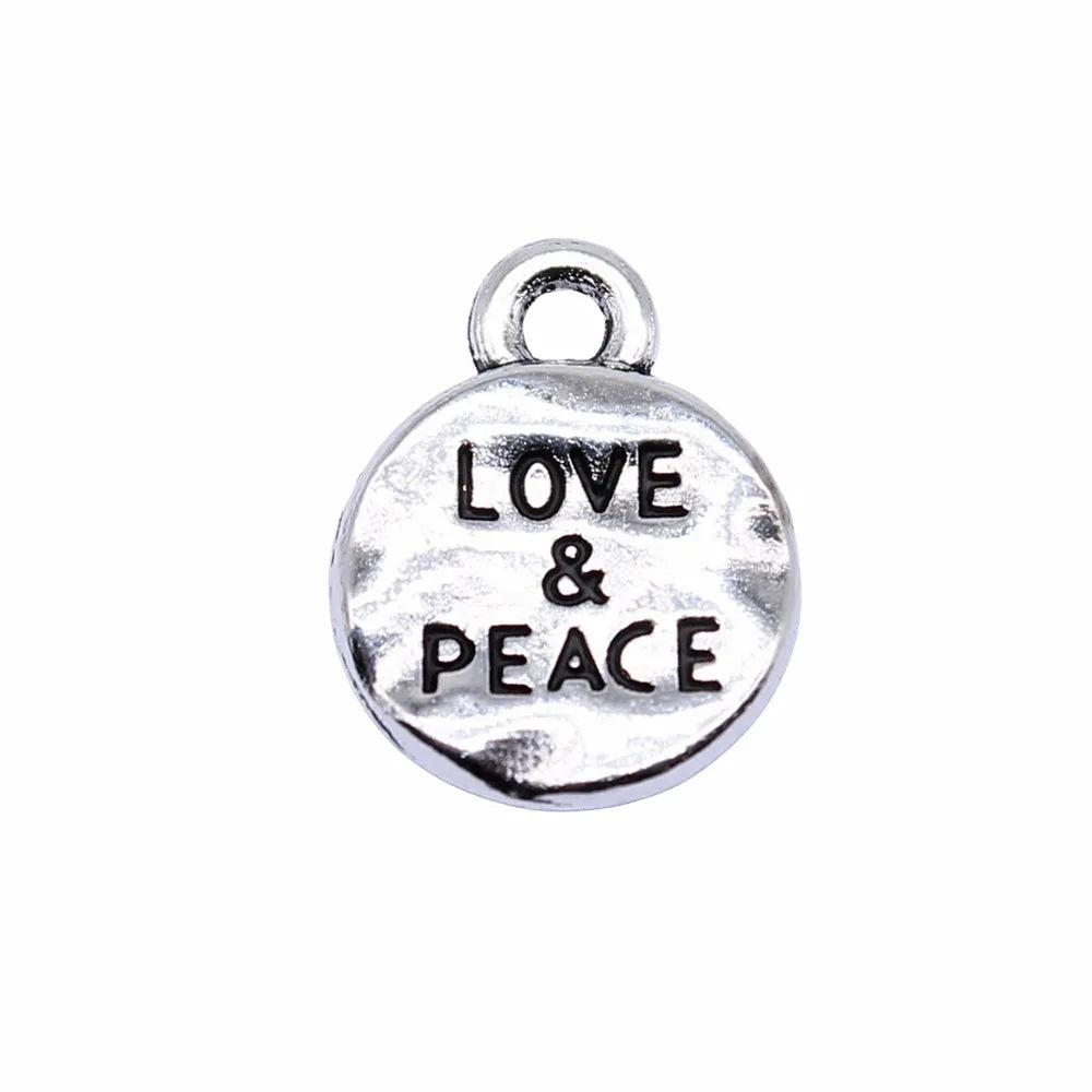 10x10mm 0.9g Antique Silver Zinc Alloy LOVE & PEACE Round Tag Letter Charm Pendant for DIY Bracelets