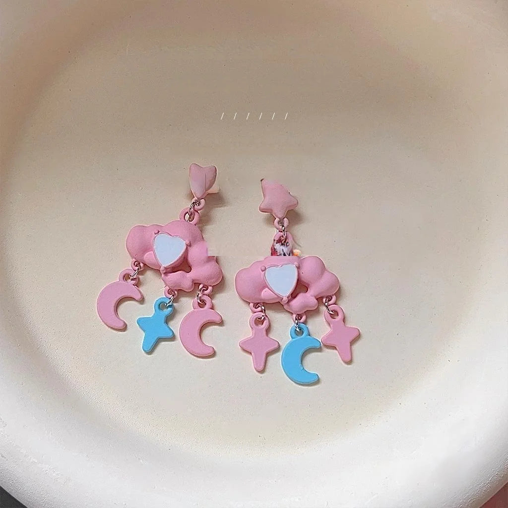Cute Colorful Alloy Cloud Star Moon Drop Earrings With Silver Plated Pins
