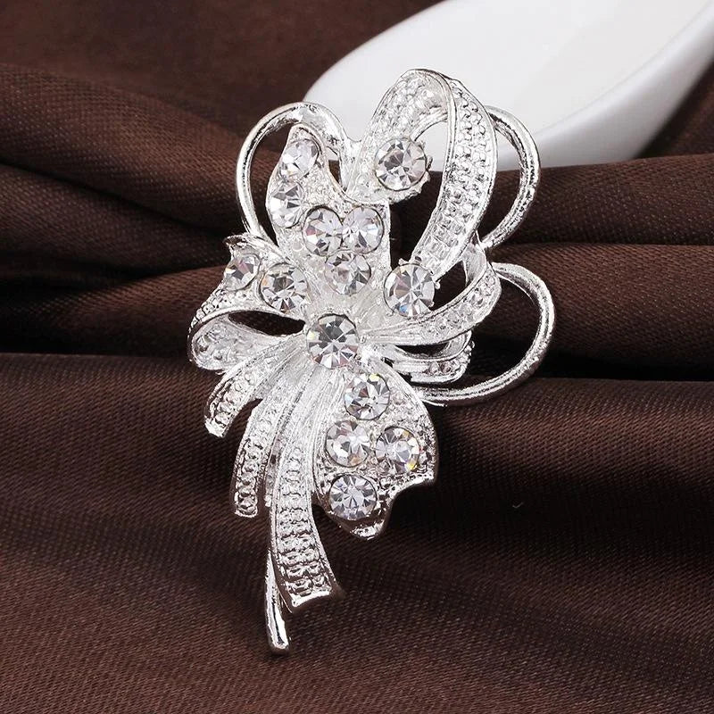 Elegant Silver Alloy Rhinestone Bow Bouquet Brooch, Pearl Wedding Corsage Lapel Pin Suit Accessory Gift