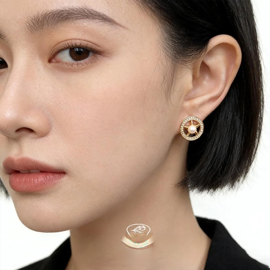 Luxury 14K Plated Copper Zircon Pearl Star Round Geometric Stud Earrings
