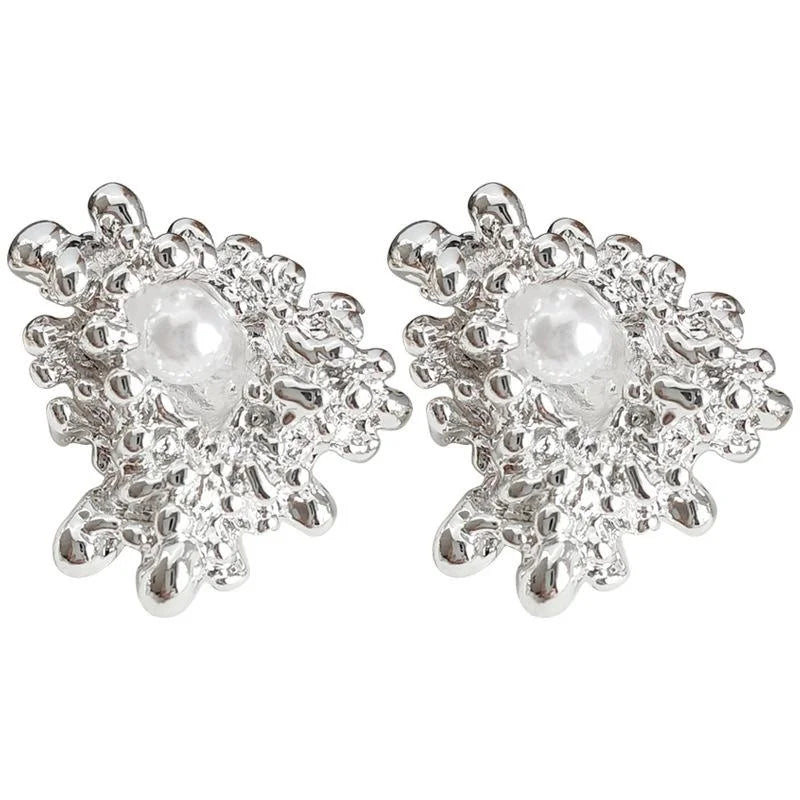 Artistic Irregular Flower High Luster Pearl Stud Earrings Copper Silver Plated Pin Elegant Jewelry