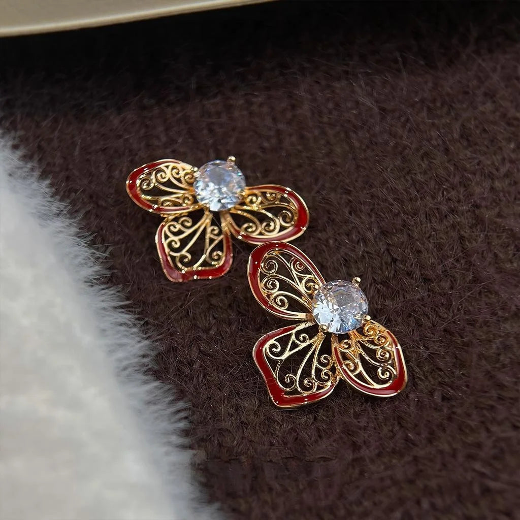 Vintage Floral Enamel Drip Glaze Hollow Zircon Copper Drop Earrings