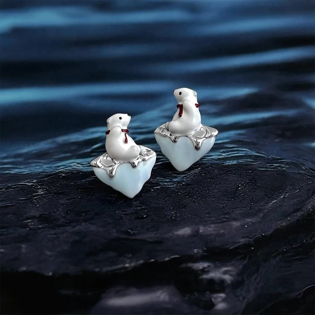 Cute Polar Bear Enamel Copper Stud Earrings Style Designer Animal Jewelry