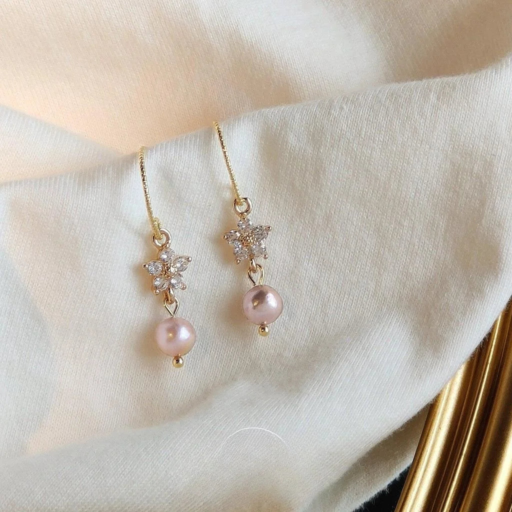 14K Gold Plated Copper Freshwater Pearl Zircon Flower Drop Earrings Elegant French Style