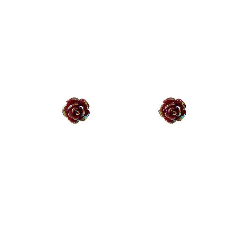 Mini Red Rose Resin Stud Earrings For Women Silver Plated Pin Simple Korean Style
