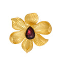 Luxury Gold Flower Brooch With Red Teardrop Glass Crystal Center, Elegant Floral Lapel Pin Corsage Gift
