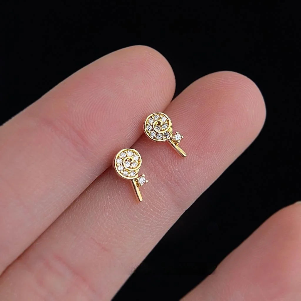 14K Gold Plated Copper Micro Pave Zircon Lollipop Stud Earrings Sweet Mini Candy Jewelry