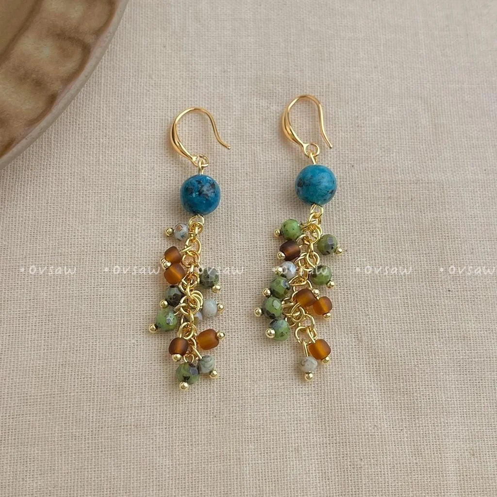 Vintage Ethnic Natural Stone Glass Geometric Tassel Drop Earrings Handmade Designer Jewelry