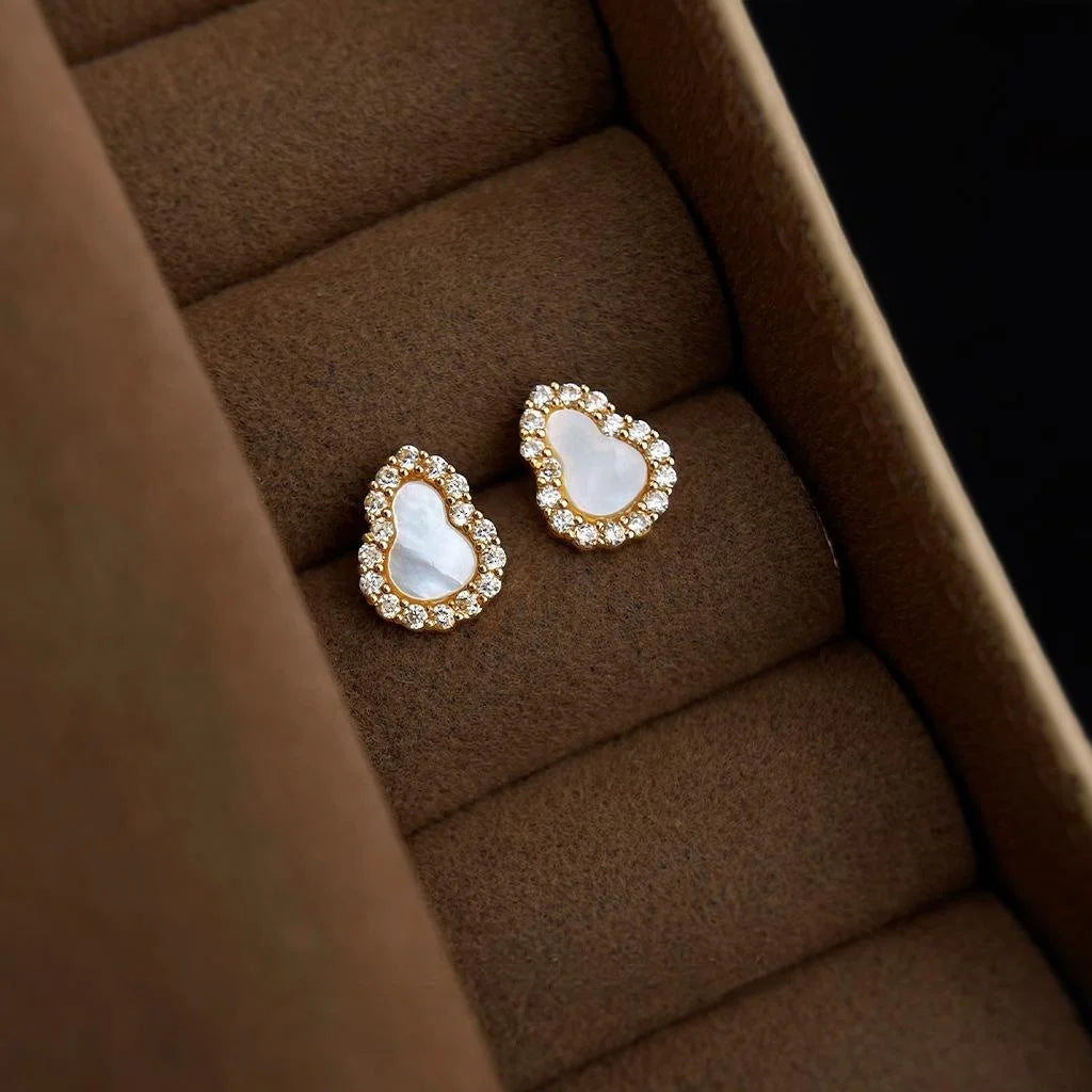 Light Luxury Micro Pave Zircon Real Shell Gourd Stud Earrings, Copper Silver Plated Pin Jewelry