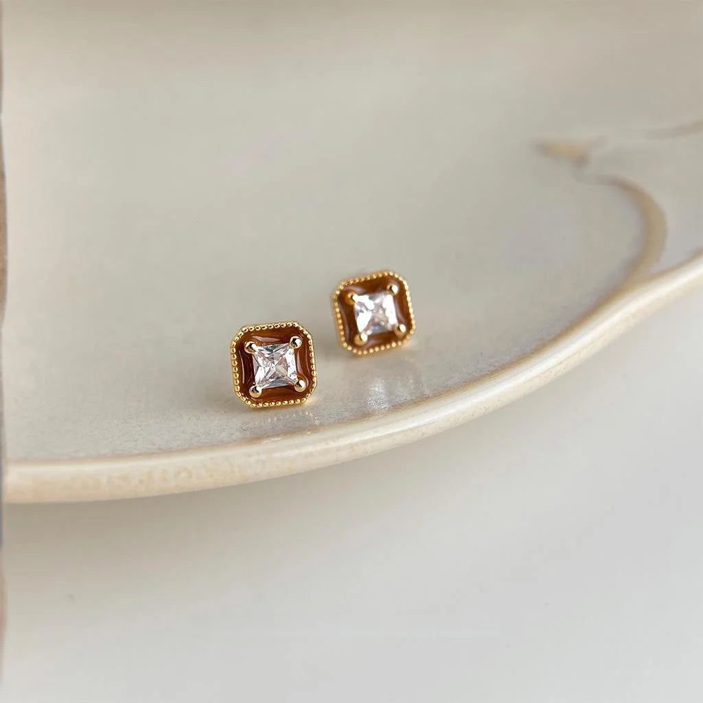 Mini Geometric Square Zircon Enamel Copper Stud Earrings, Silver Plated Light Luxury Jewelry