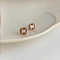 Mini Geometric Square Zircon Enamel Copper Stud Earrings, Silver Plated Light Luxury Jewelry