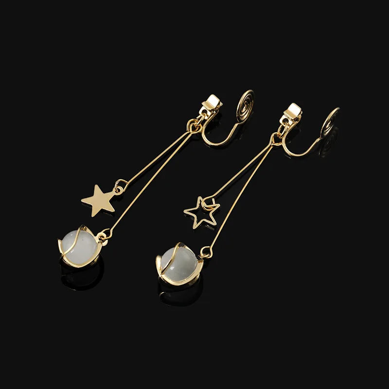 Elegant Gold Alloy Spiral Star Cat Eye Stone Long Drop Stud & Clip On No Piercing Earrings