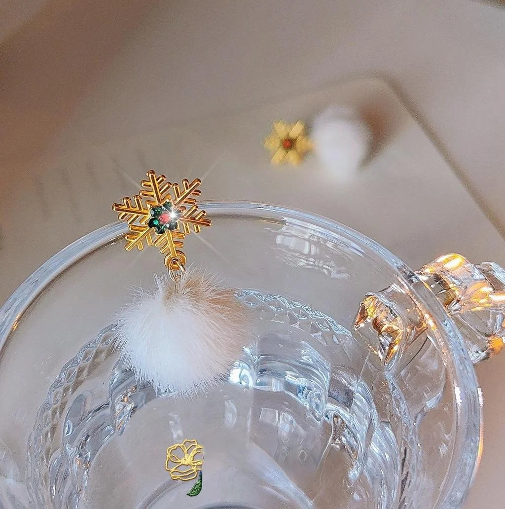 Christmas Snowflake Pom Pom Stud Earrings Silver Plated Needle Trendy Women's Ear Jewelry