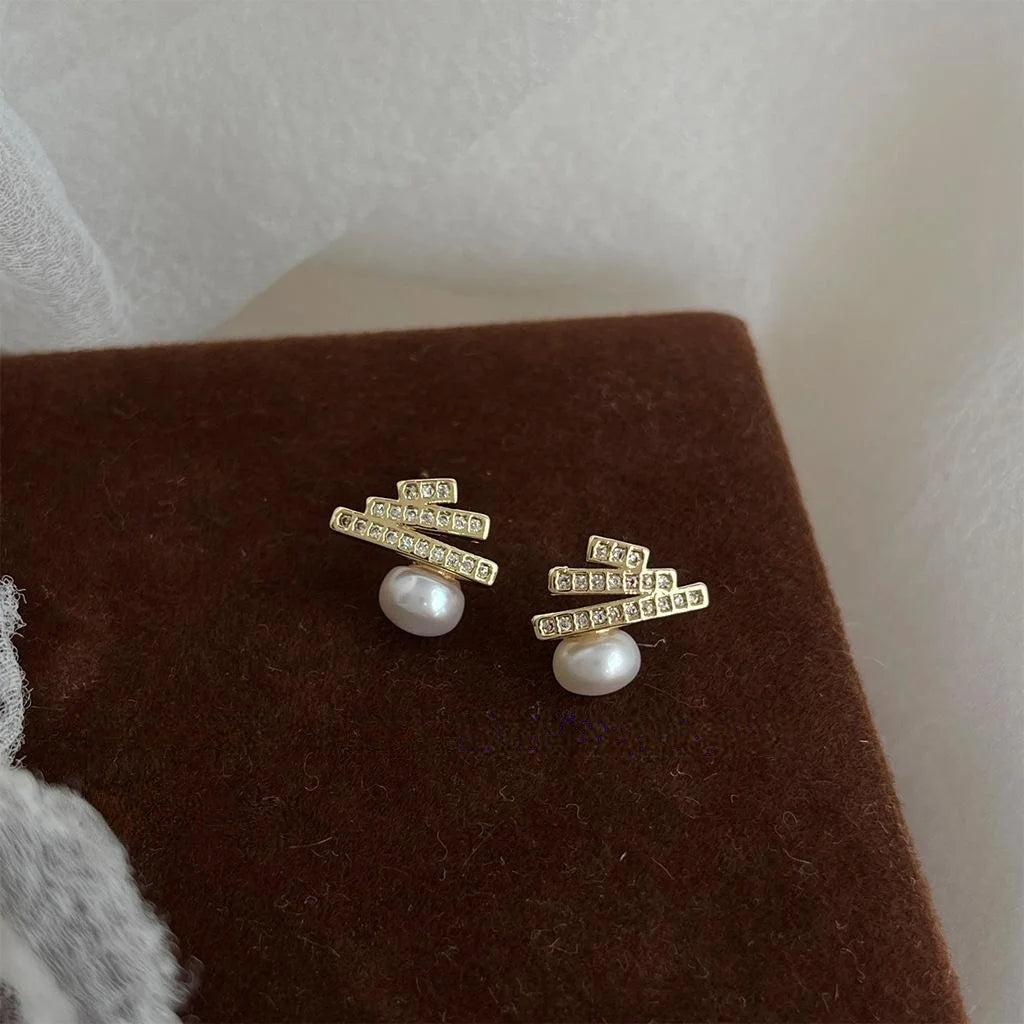 14K Gold Plated Copper Freshwater Pearl Zircon Geometric Line Christmas Tree Stud Earrings