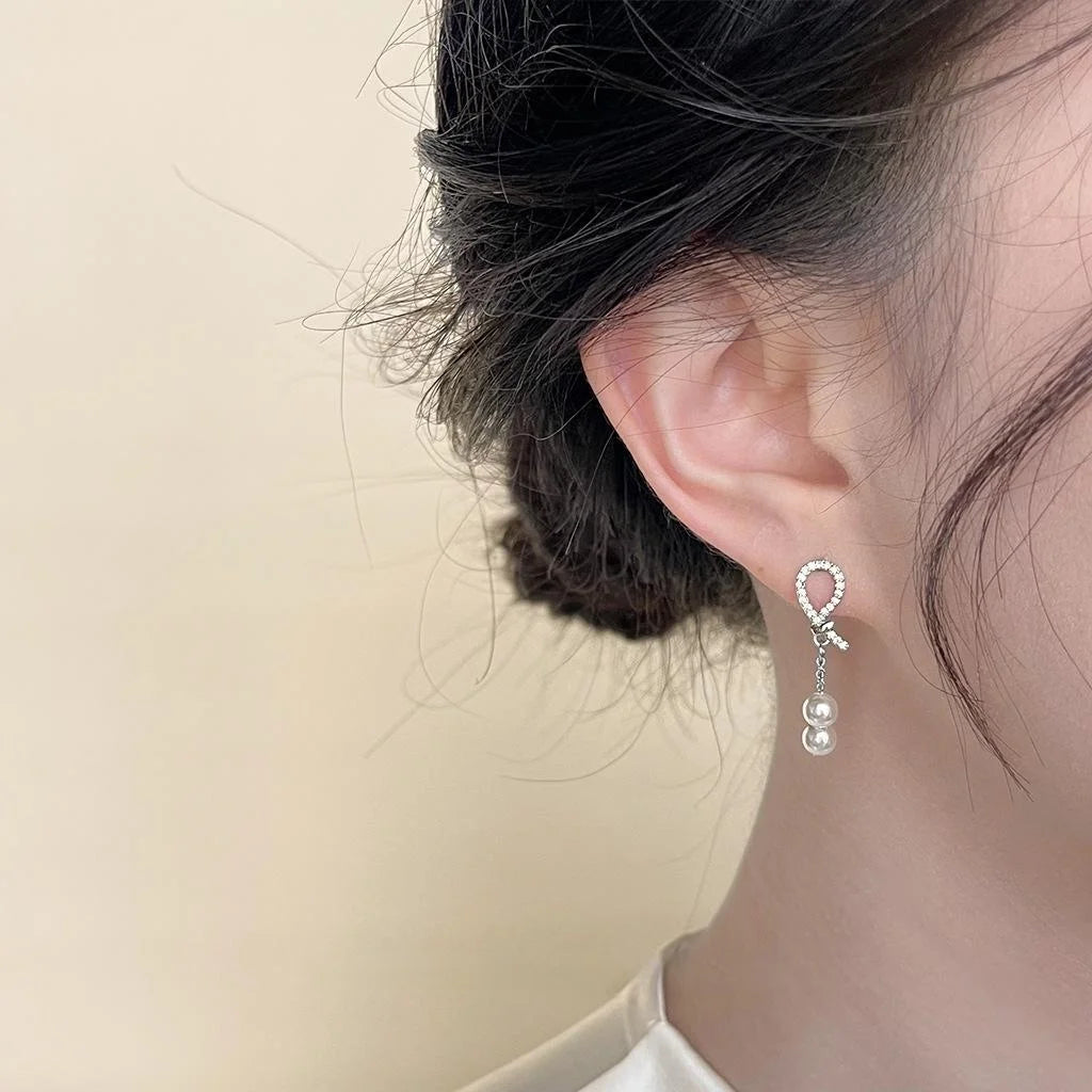 Light Luxury Copper High Luster Pearl Micro Pave Zircon Knot Tassel Drop Earrings