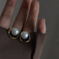 14K Gold Plated Copper 3D Geometric Pearl Stud Earrings For Women Korean Fashion Jewelry