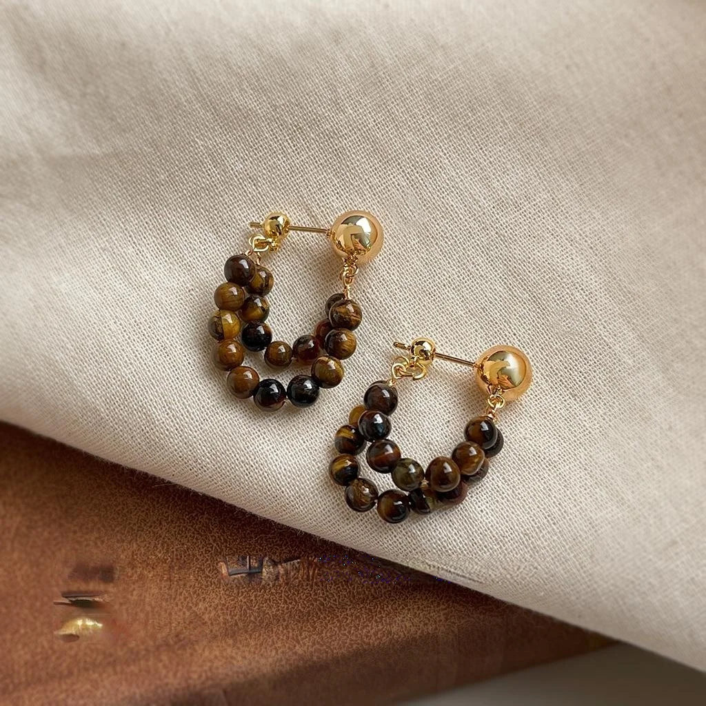 Maillard Style Tiger Eye Natural Stone Drop Earrings, U-Shaped Copper Geometric Front-Back Jewelry