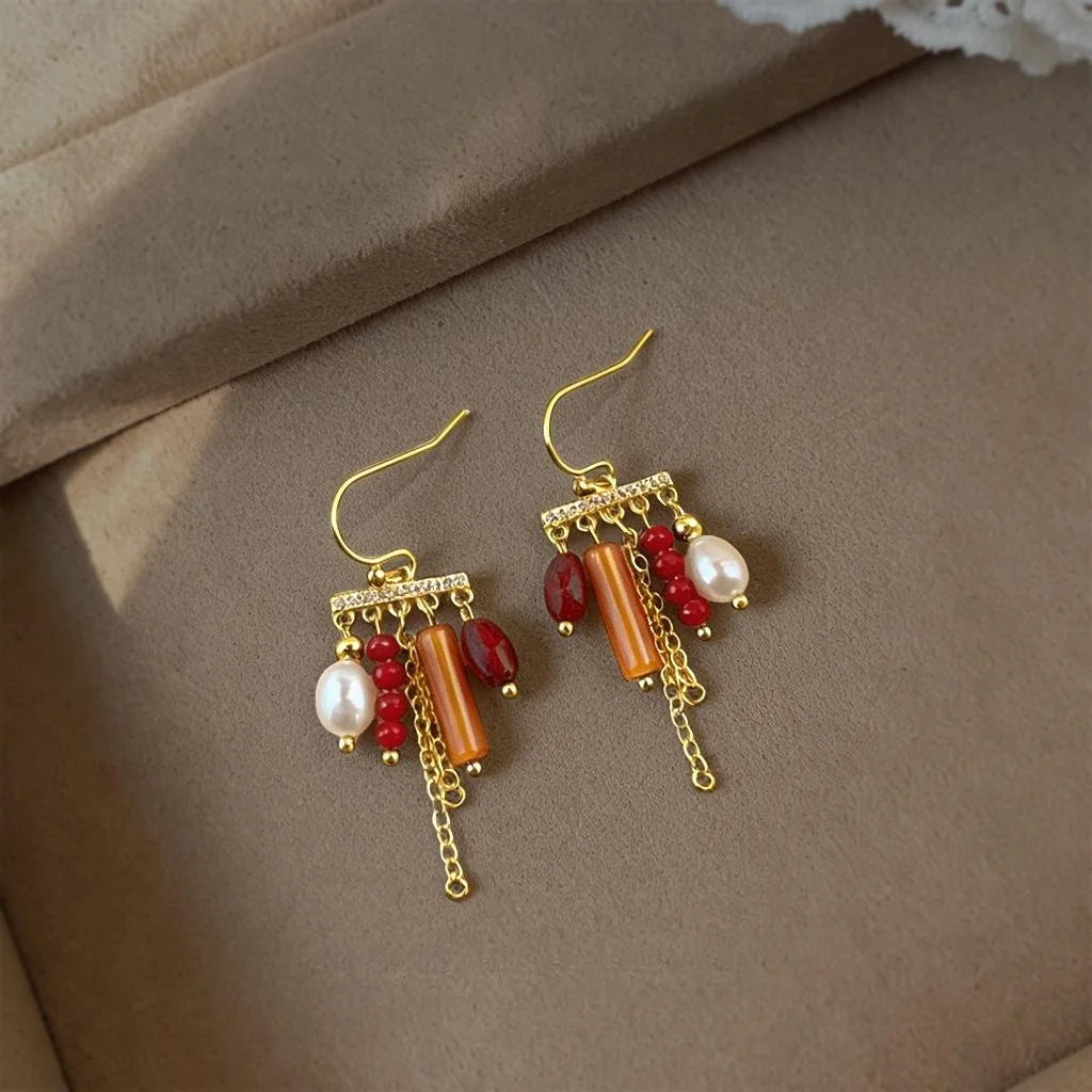 Bohemian Ethnic Handmade Copper Drop Earrings with Zircon Tassel, Freshwater Pearl and Natural Stone