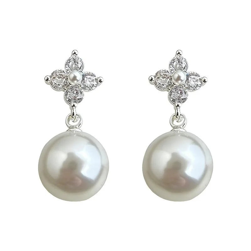 Light Luxury Eco-Friendly Copper Micro Pave Zircon Pearl Geometric Drop Earrings