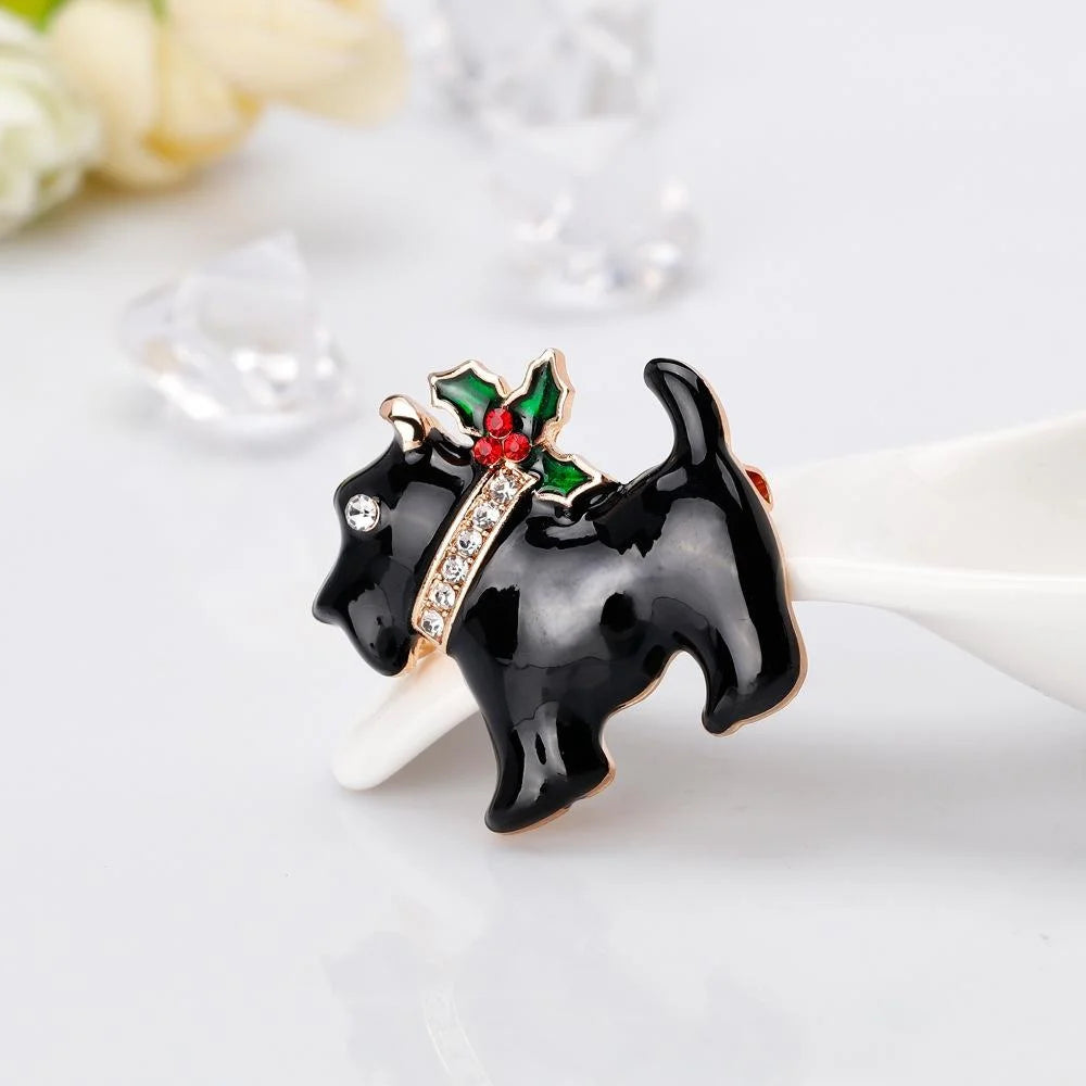 Cute Christmas White Dog Alloy Enamel Rhinestone Brooch Luxury Holiday Lapel Pin Suit Accessory Gift