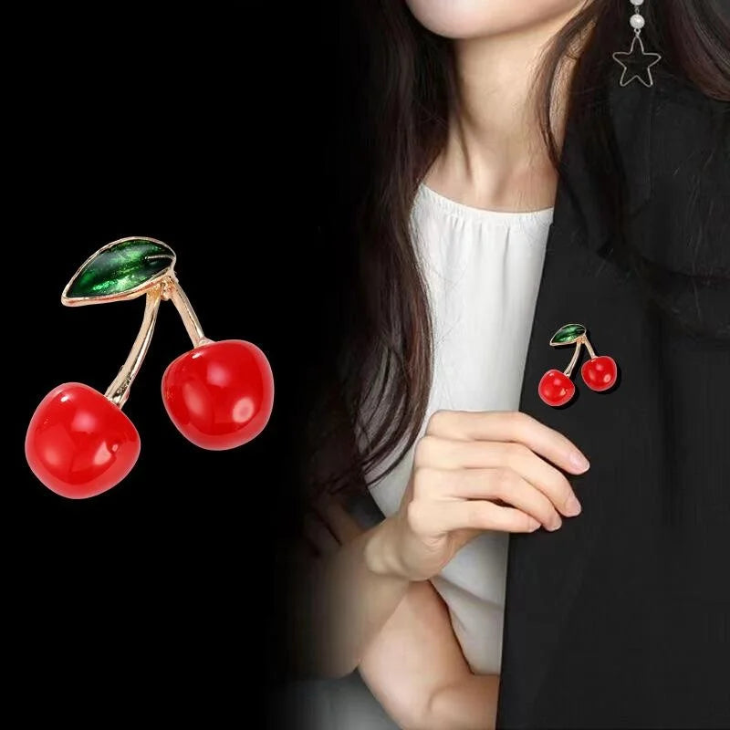 Cute Red Cherry Fruit Brooch With Glossy Enamel And Gold Alloy Leaf, Elegant Lapel Pin Suit Accessory Gift