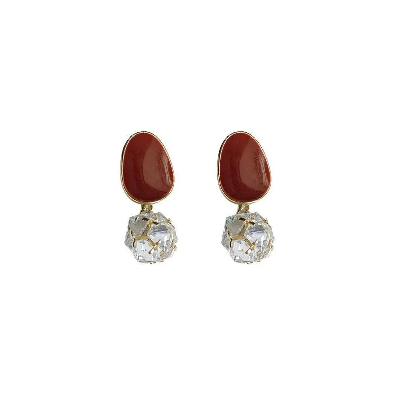 French Vintage Copper Oval Geometric Red Zircon Ball Stud Earrings For Women