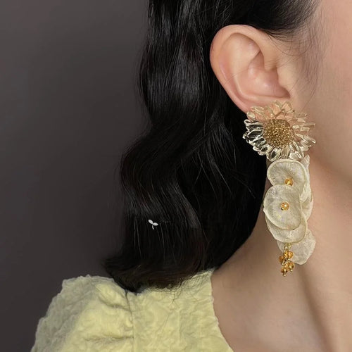 Fairy Style Sunflower Mesh Lace Long Tassel Drop Earrings For Vacation Wear