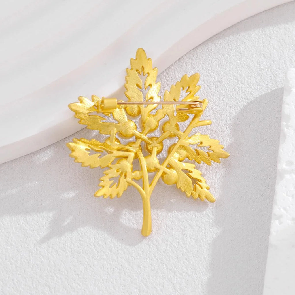 Elegant Gold Alloy Maple Leaf Brooch With Faux Pearls And Rhinestones, Luxury Lapel Pin Suit Accessory