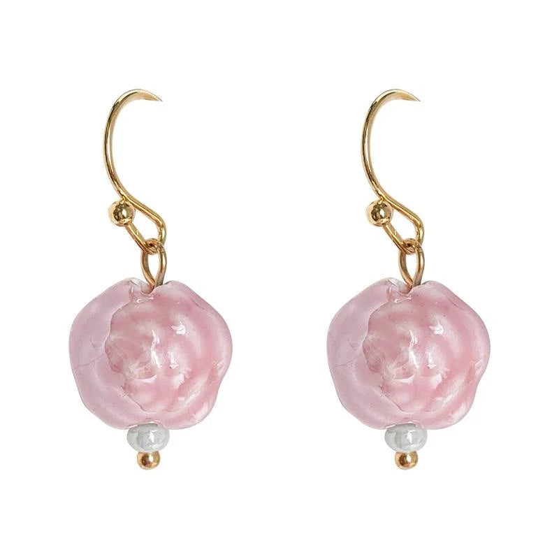 Handmade Ceramic Rose Flower Drop Earrings Minimalist Elegant Floral Jewelry