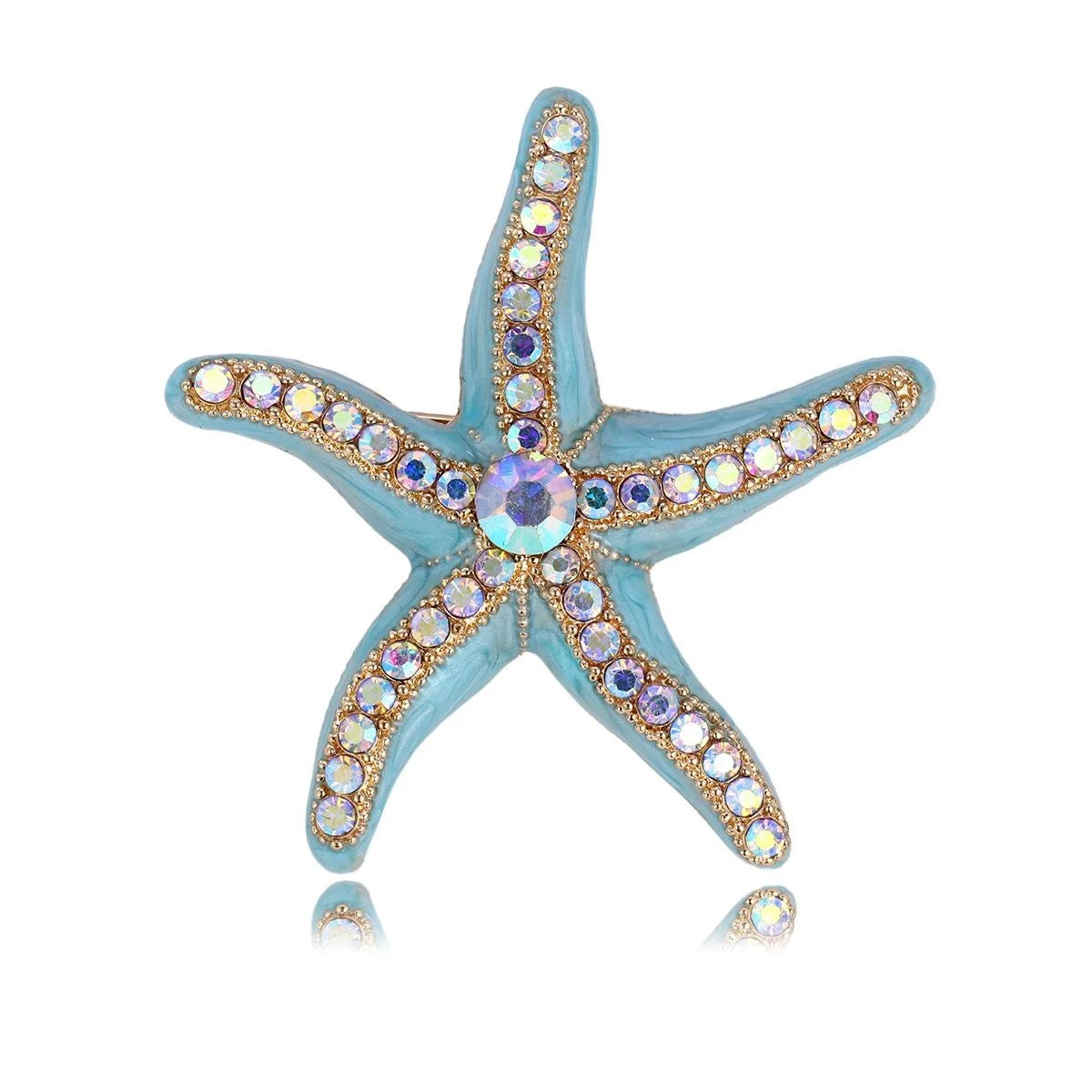 Elegant Blue Enamel Starfish Brooch With Aurora Rhinestones, Gold Tone Alloy Lapel Pin Corsage Gift